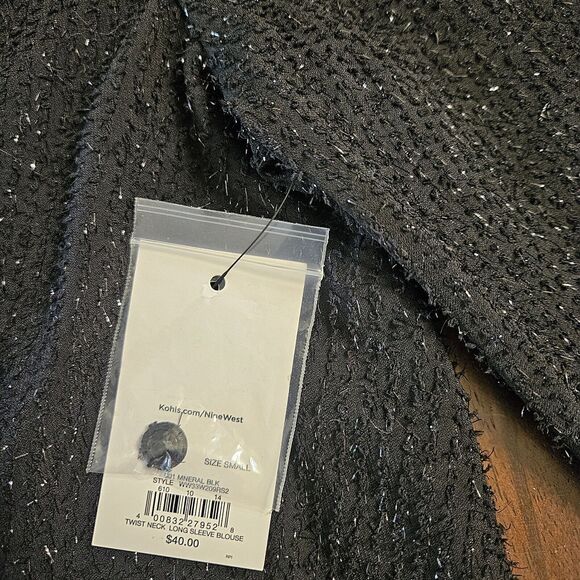 Nine West Blouse Small Black Metallic Long‎ Sleeve Keyhole Mock Neck Top Office - Picture 9 of 15